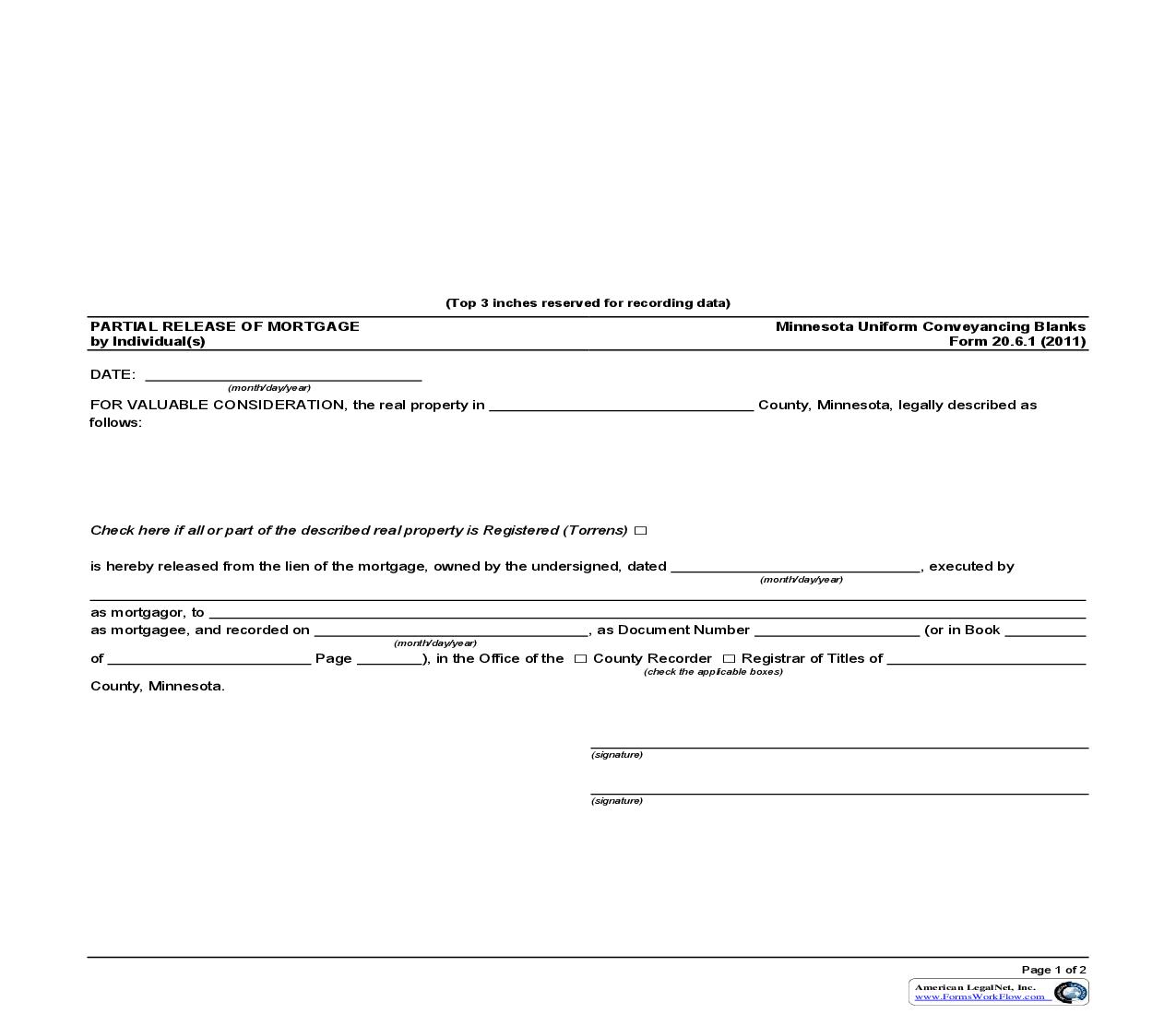 Partial Release Of Mortgage By Individual(s) {20.6.1} | Pdf Fpdf Doc Docx | Minnesota