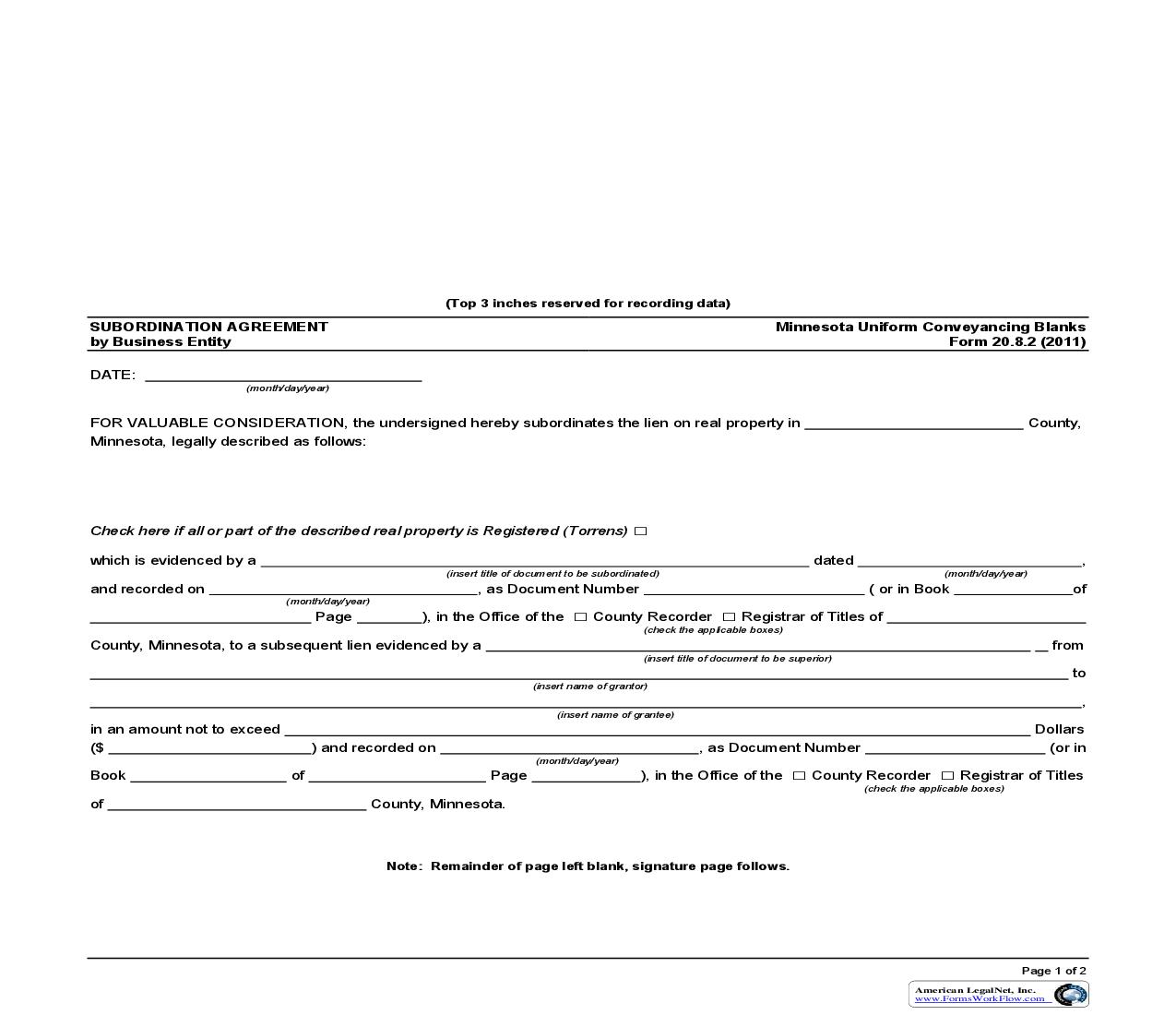 Subordination Agreement By Business Entity {20.8.2} | Pdf Fpdf Doc Docx | Minnesota