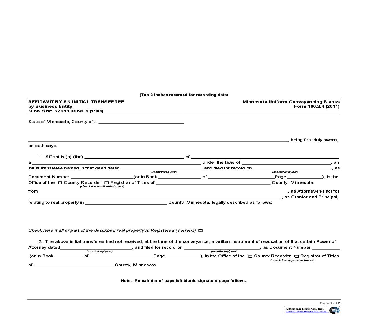 Affidavit By An Initial Transferee By Business Entity {100.2.4} | Pdf Fpdf Doc Docx | Minnesota