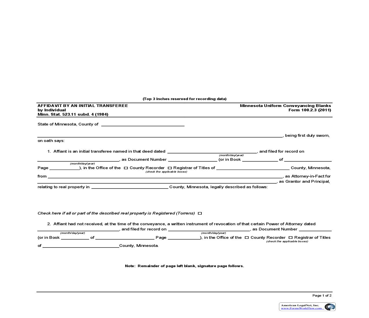Affidavit By An Initial Transferee By Individual {100.2.3} | Pdf Fpdf Doc Docx | Minnesota