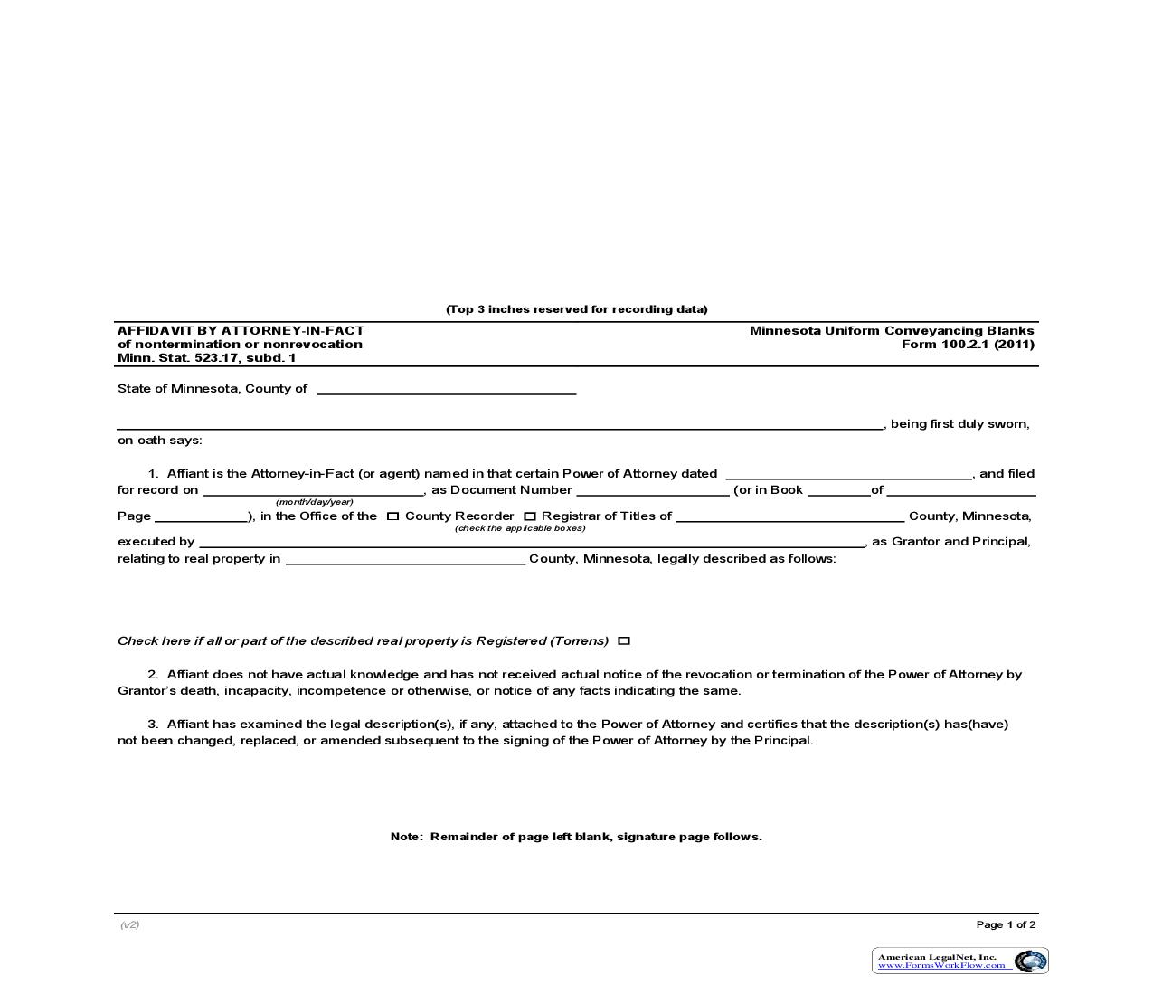 Affidavit By Attorney In Fact Of Nontermination Or Nonrevocation {100.2.1} | Pdf Fpdf Doc Docx | Minnesota