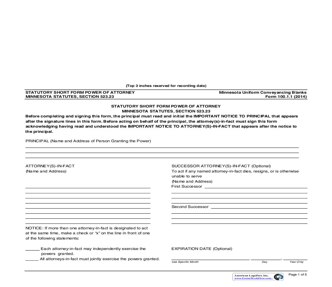 Statutory Short Form Power Of Attorney {100.1.1} | Pdf Fpdf Doc Docx | Minnesota