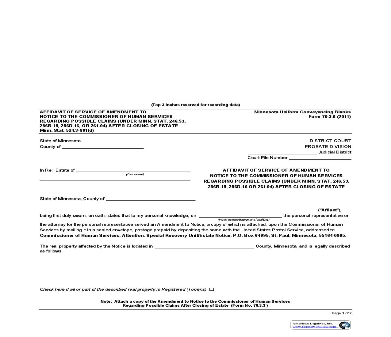 Affidavit Of Service Of Amendment To Notice To The Commissioner Of Human Services Regarding Possible Claims {70.3.6} | Pdf Fpdf Doc Docx | Minnesota