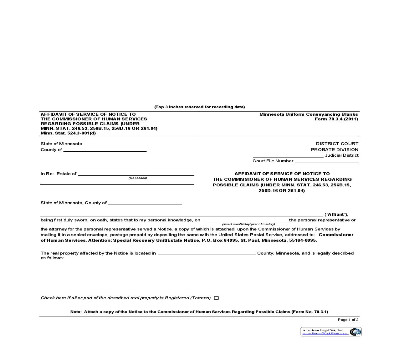 Affidavit Of Service Of Notice To The Commissioner Of Human Services Regarding Possible Claims {70.3.4} | Pdf Fpdf Doc Docx | Minnesota