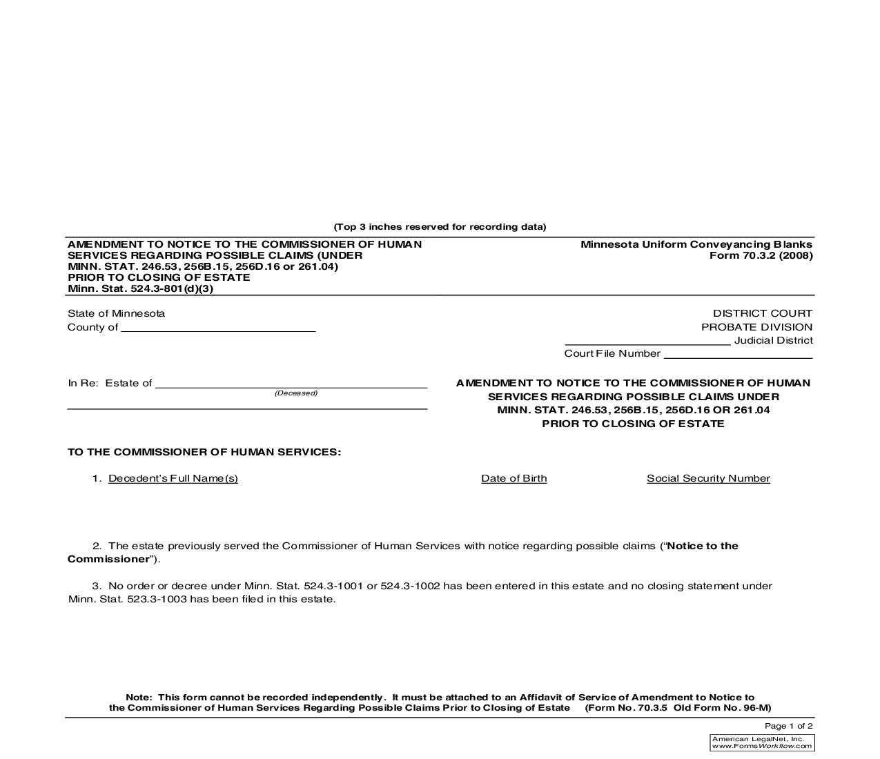 Amendment To Notice To Commissioner Regarding Possible Claims {70.3.2} | Pdf Fpdf Doc Docx | Minnesota