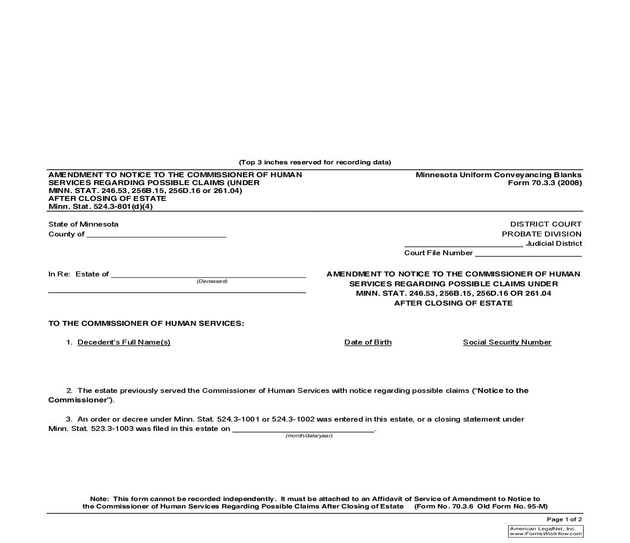 Amendment To Notice To Commissioner Regarding Possible Claims {70.3.3} | Pdf Fpdf Doc Docx | Minnesota