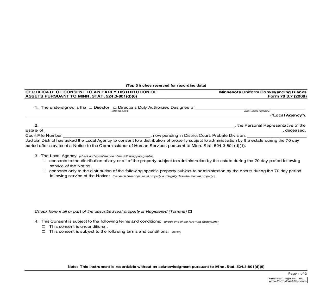 Certificate Of Consent To An Early Distribution Of Assets {70.3.7} | Pdf Fpdf Doc Docx | Minnesota
