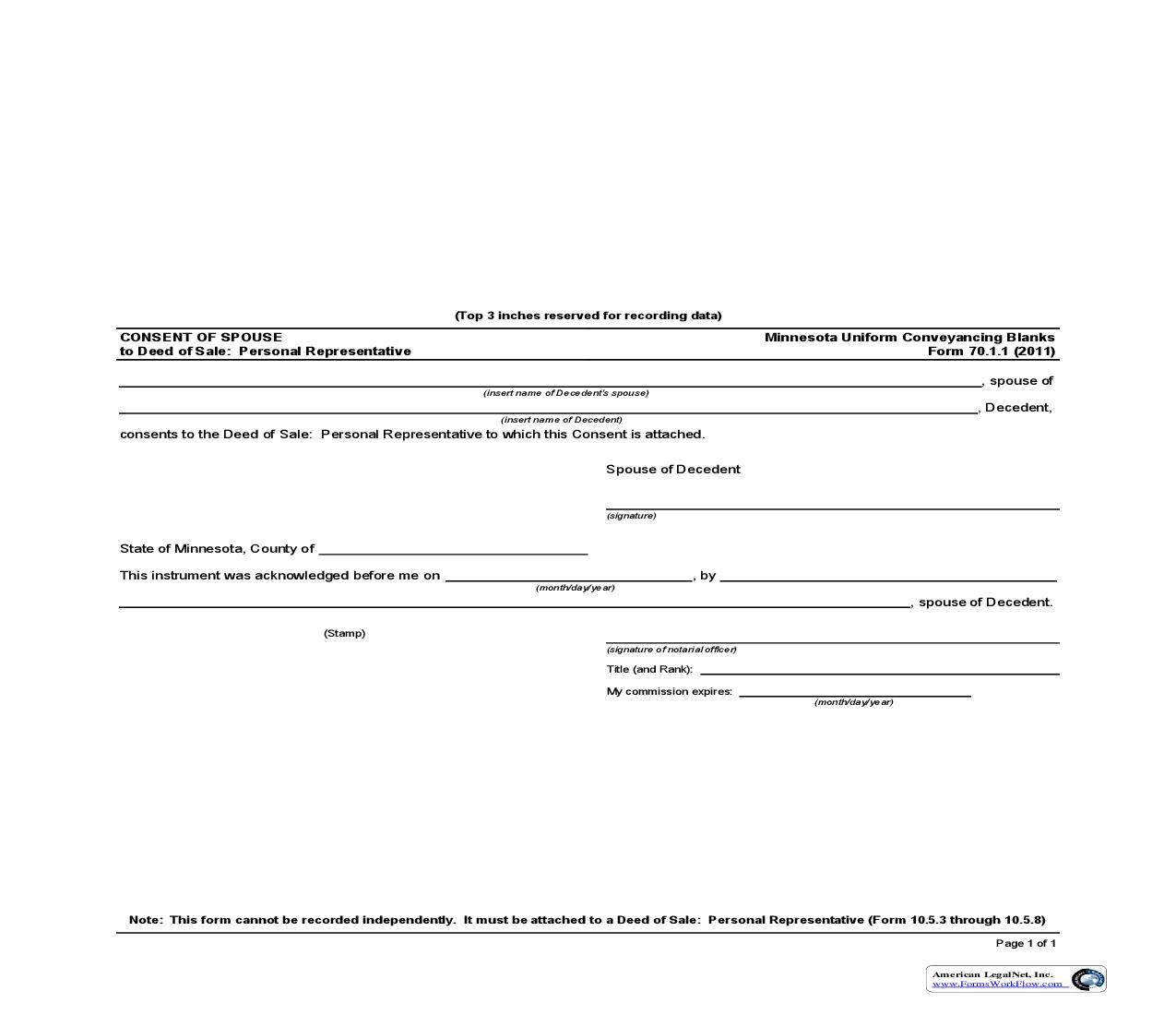 Consent Of Spouse To Deed Of Sale-Personal Representative {70.1.1} | Pdf Fpdf Doc Docx | Minnesota