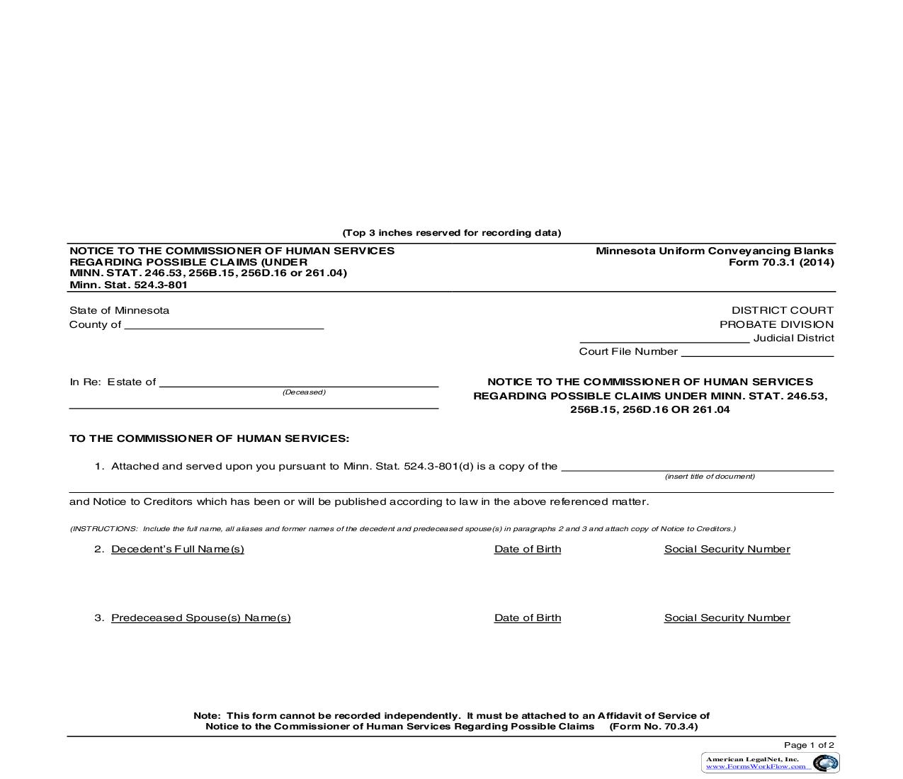 Notice To The Commissioner Of Human Services Regarding Possible Claims {70.3.1} | Pdf Fpdf Doc Docx | Minnesota