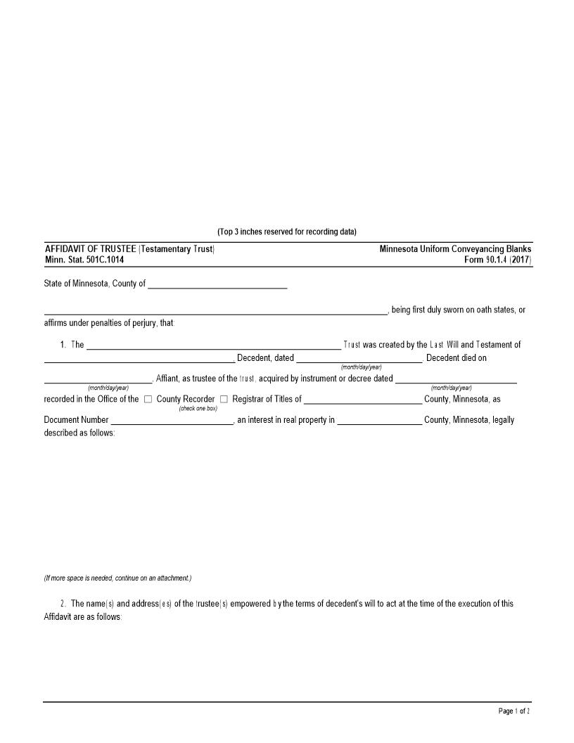 Affidavit Of Trustee Regarding Certificate Of Trust {90.1.4} | Pdf Fpdf Doc Docx | Minnesota