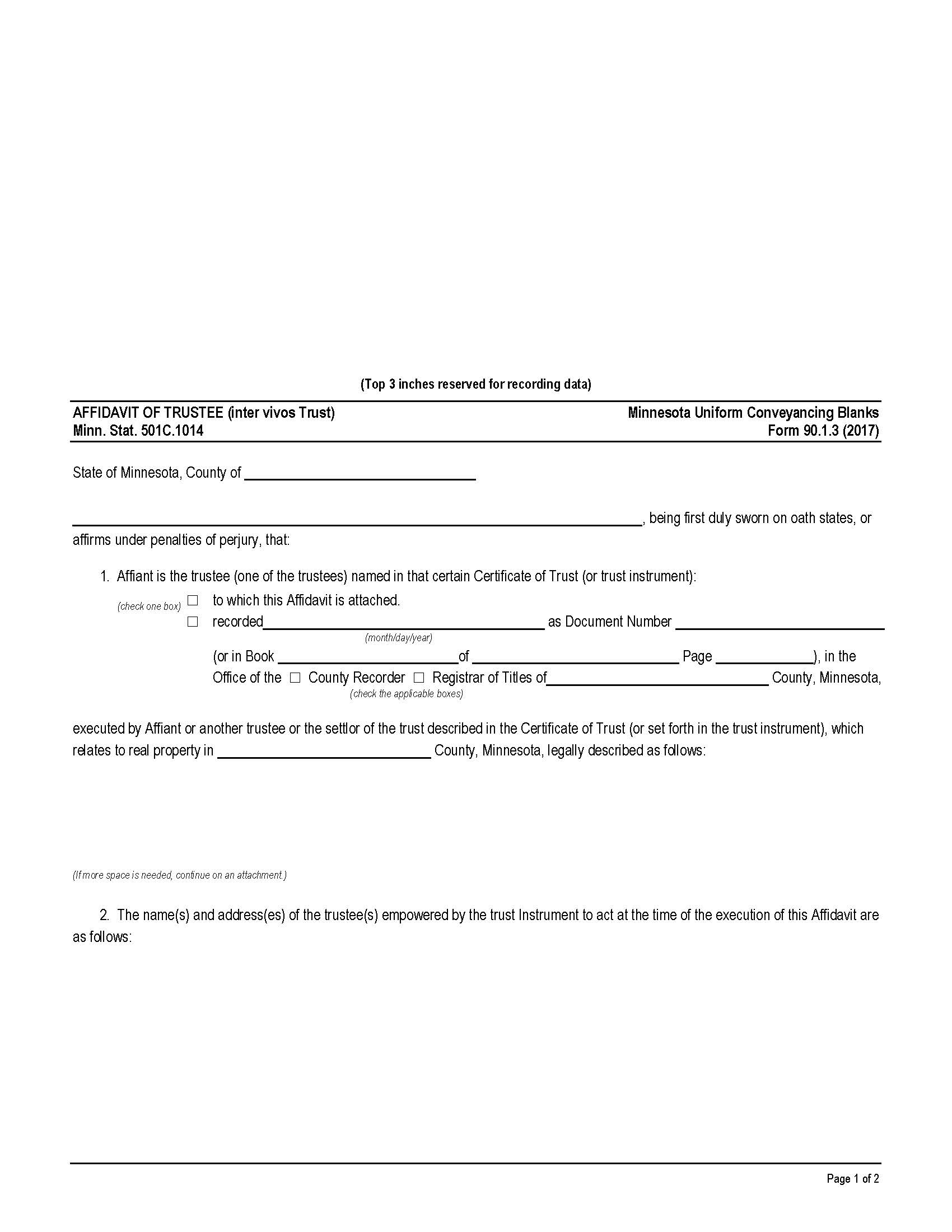 Affidavit Of Trustee Regarding Certificate Of Trust Or Trust Instrument {90.1.3} | Pdf Fpdf Doc Docx | Minnesota