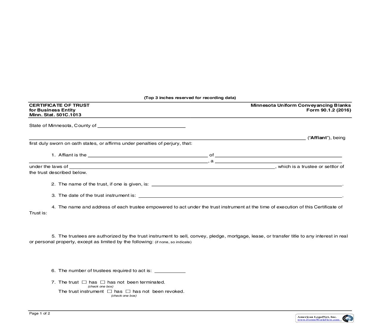Certificate Of Trust By Business Entity {90.1.2} | Pdf Fpdf Doc Docx | Minnesota