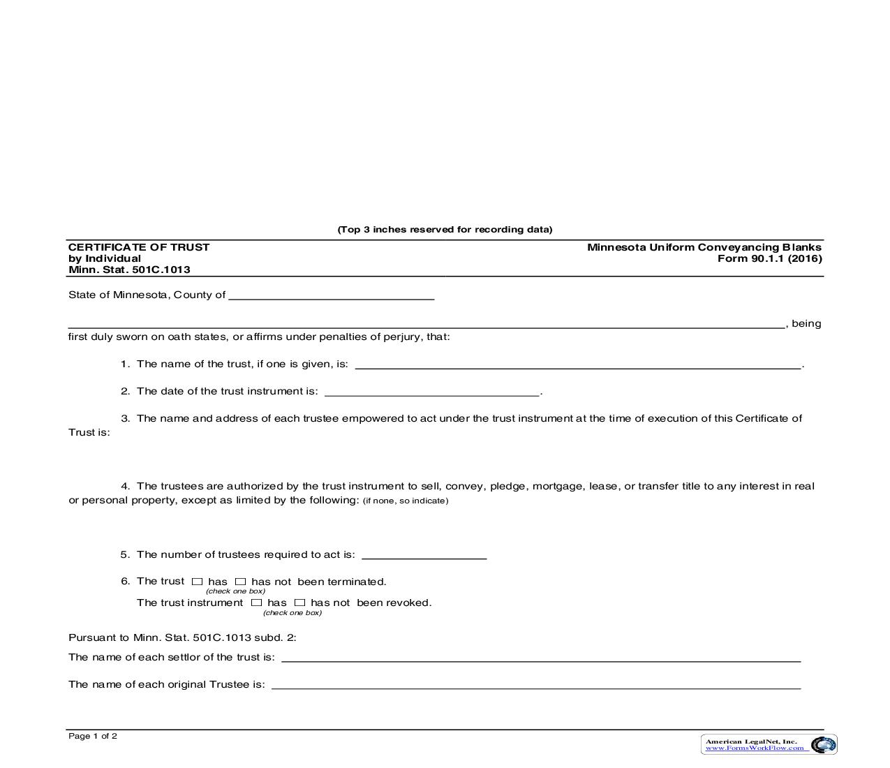 Certificate Of Trust By Individual {90.1.1} | Pdf Fpdf Doc Docx | Minnesota