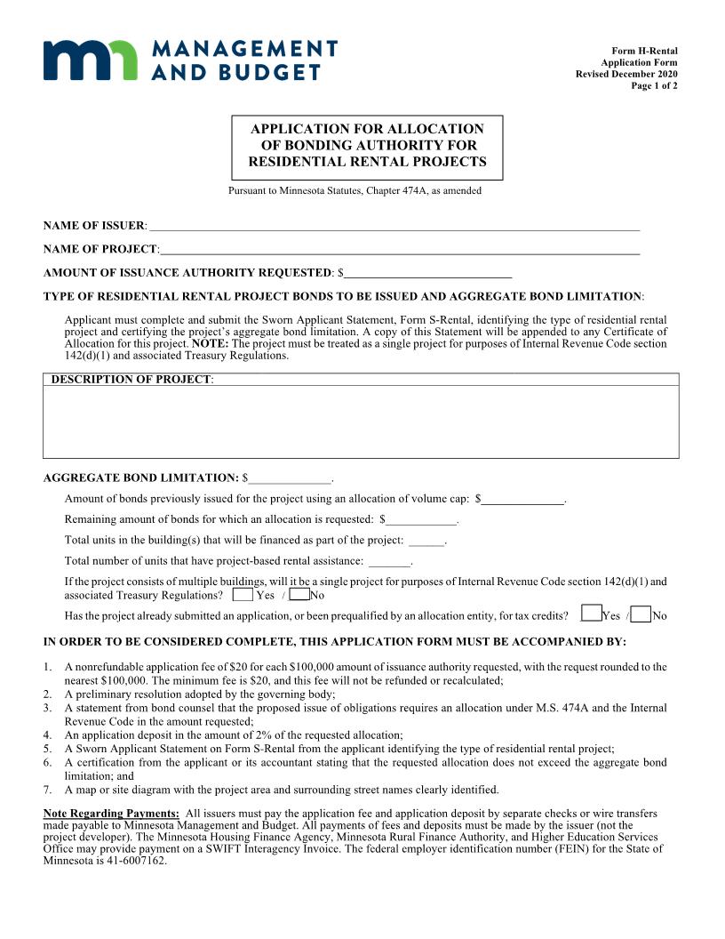 Application For Allocation Of Bonding Authority {Form H} | Pdf Fpdf Doc Docx | Minnesota