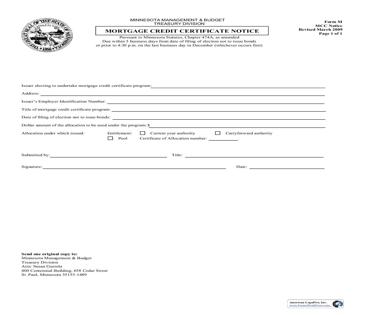 Mortgage Credit Certificate Notice {Form M} | Pdf Fpdf Doc Docx | Minnesota