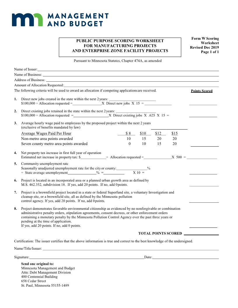 Public Purpose Scoring Worksheet {Form W} | Pdf Fpdf Doc Docx | Minnesota