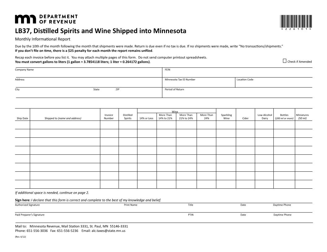 Distilled Spirits And Wine Shipped Into Minnesota {LB 37} | Pdf Fpdf Doc Docx | Minnesota