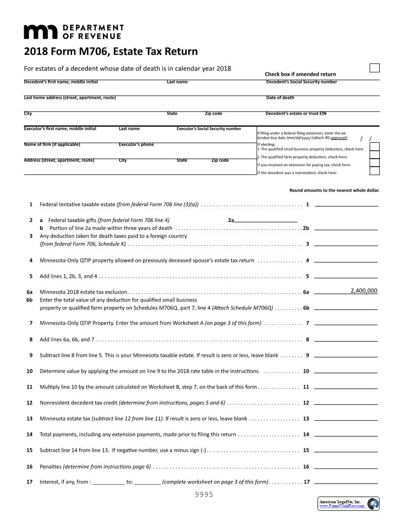 Estate Tax Return (2018) {M706} | Pdf Fpdf Docx | Minnesota