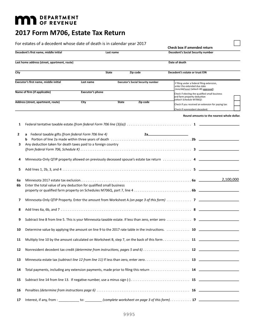 Estate Tax Return 2017 {M706} | Pdf Fpdf Docx | Minnesota
