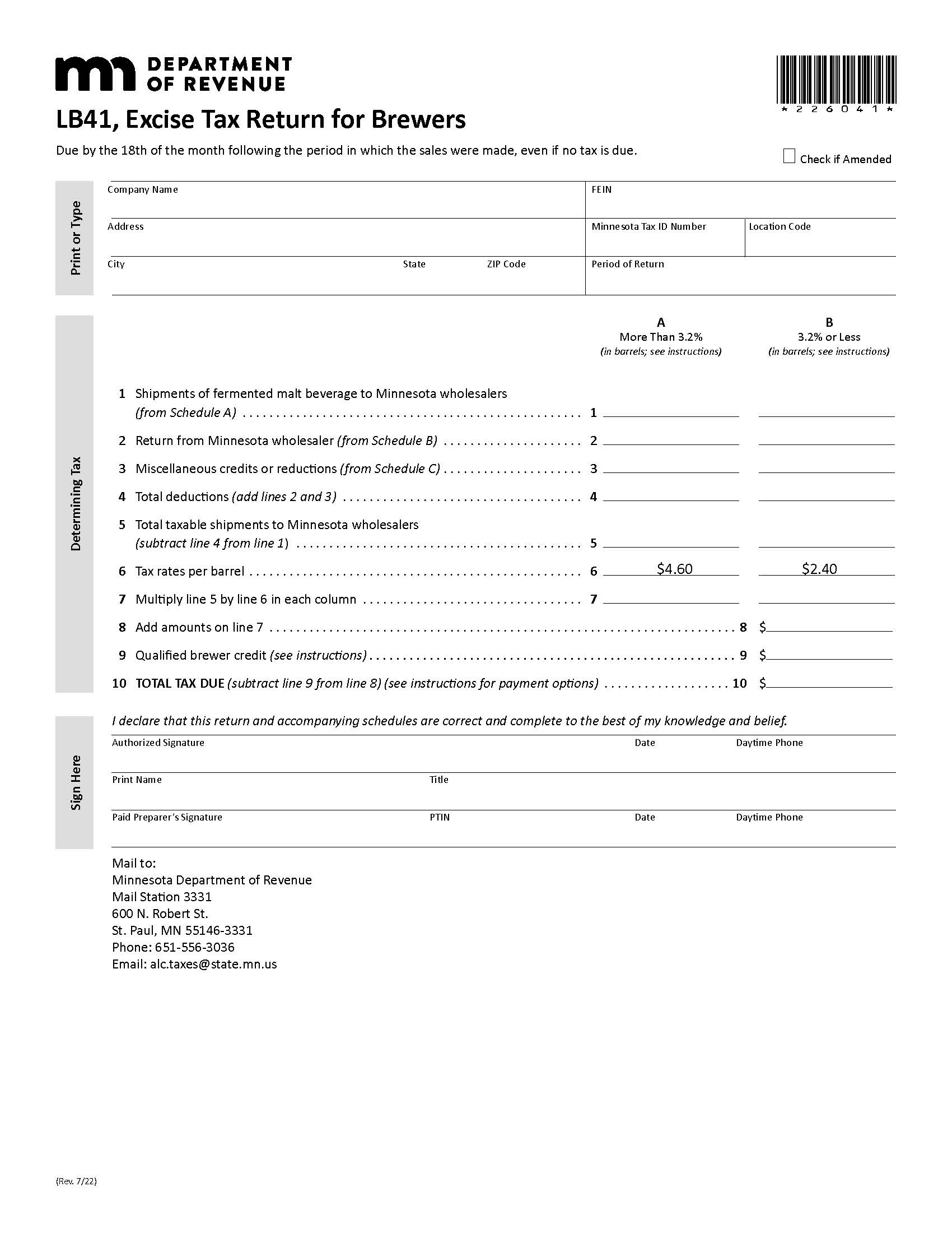 Excise Tax Return For Brewers And Importers {LB 41} | Pdf Fpdf Doc Docx | Minnesota