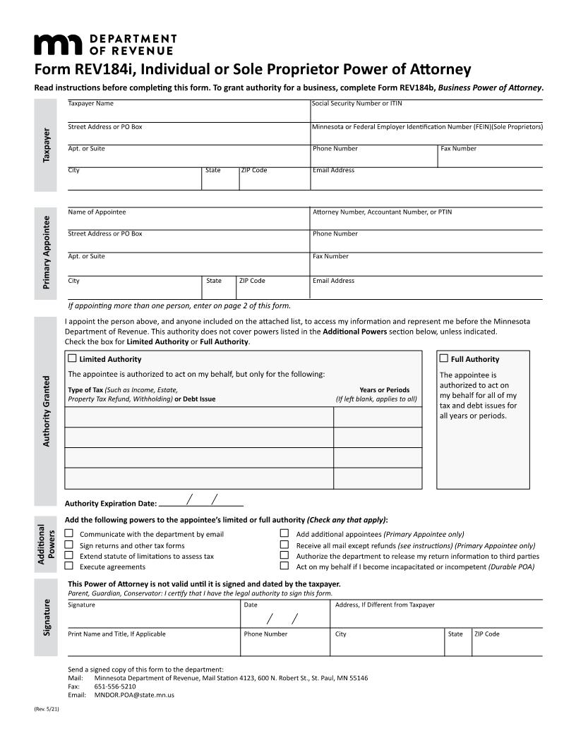 Power Of Attorney Individual Or Sole Proprietor {184I} | Pdf Fpdf Docx | Minnesota