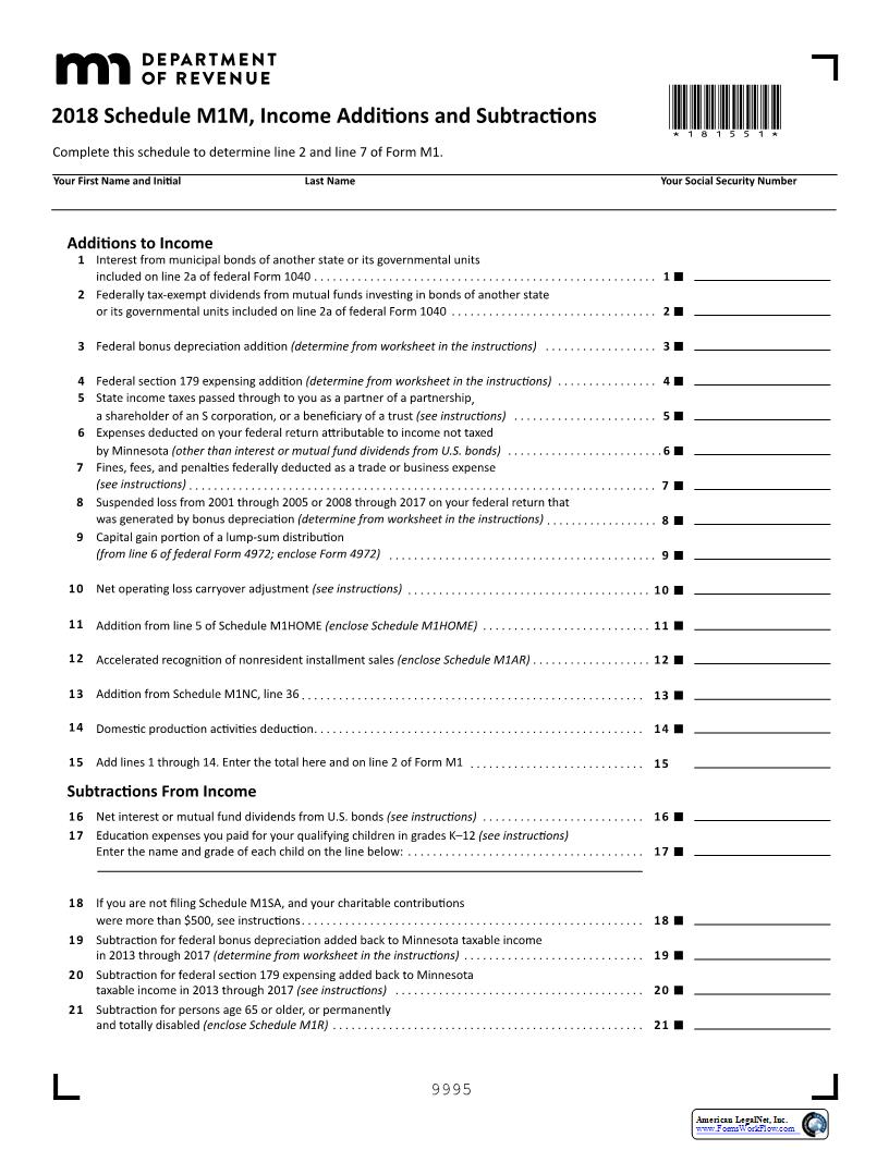 Schedule M1M Income Additions And Substractions (2018) {M1M} | Pdf Fpdf Docx | Minnesota