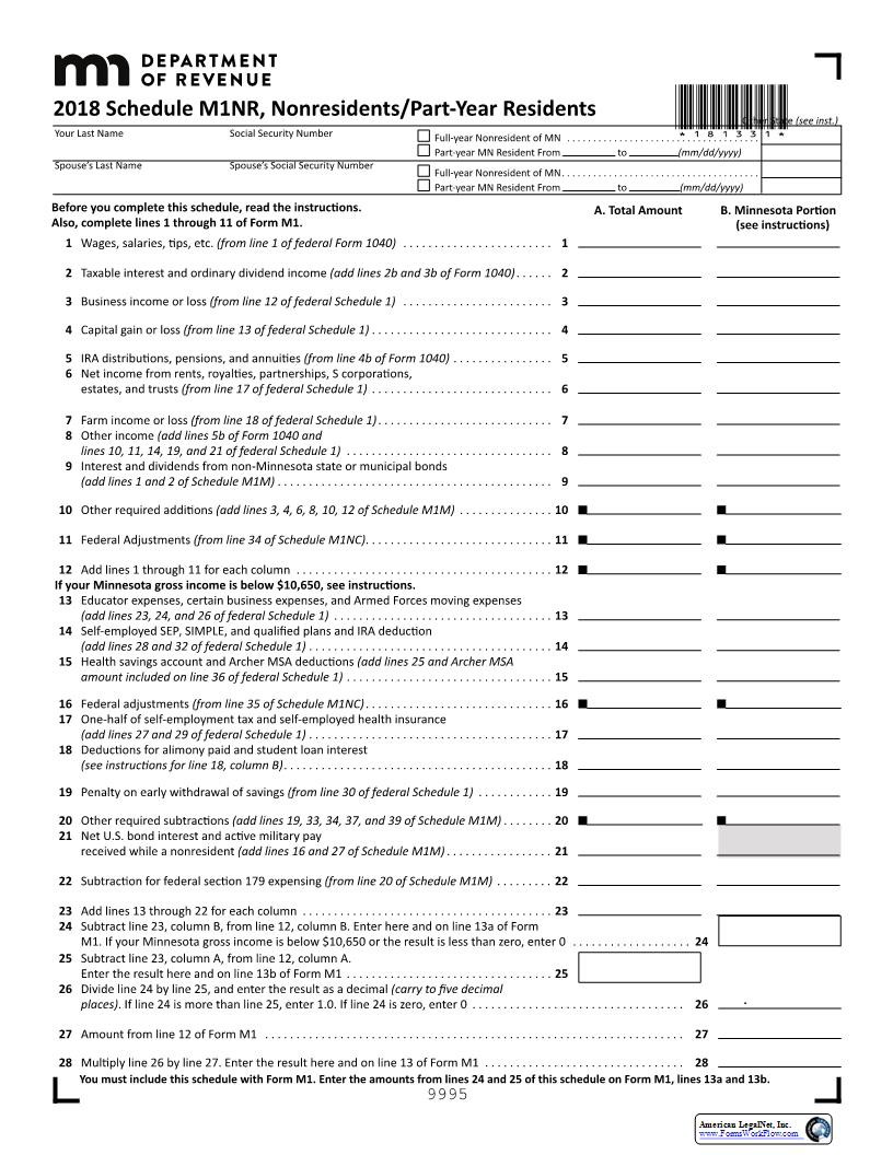 Schedule M1NR Nonresidents And Or Part Year Residents (2018) {M1NR} | Pdf Fpdf Docx | Minnesota