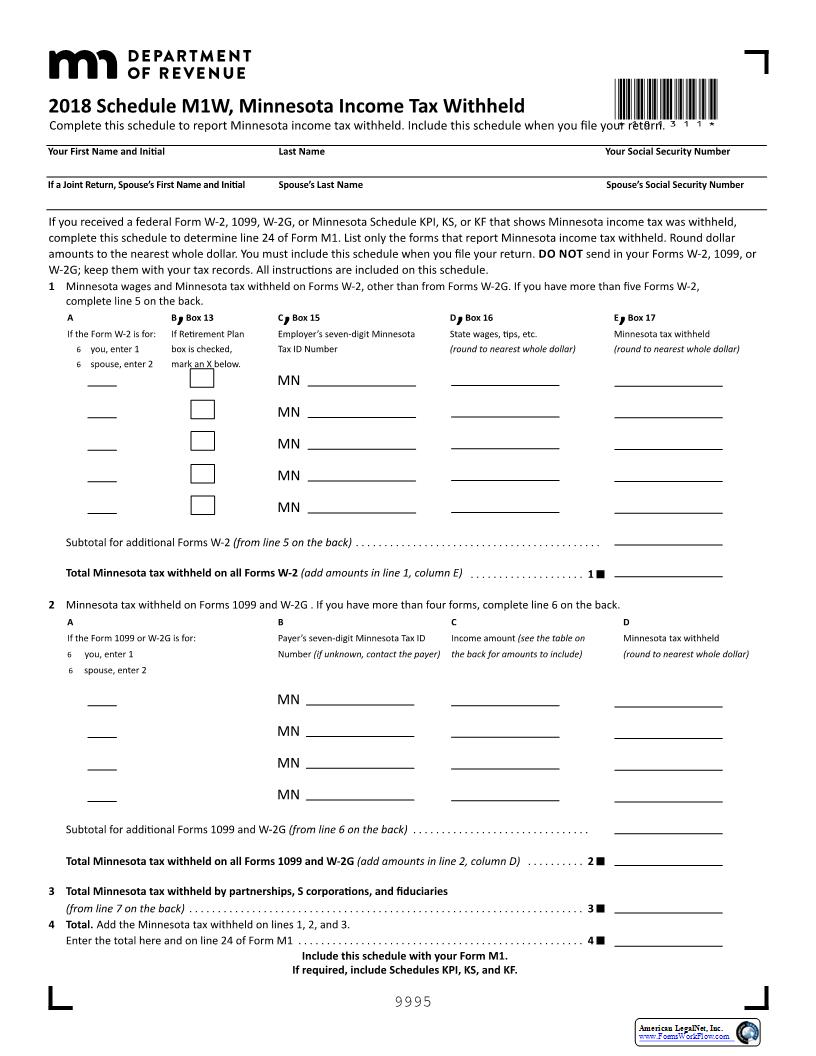 Schedule M1W Minnesota Income Tax Withheld (2018) {M1W} | Pdf Fpdf Docx | Minnesota