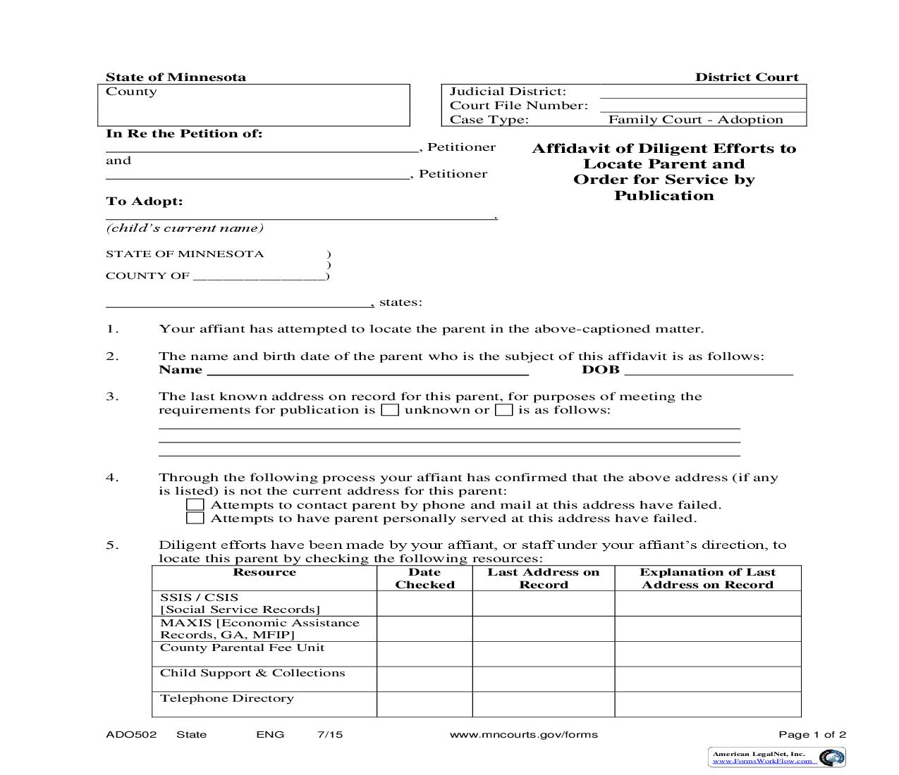 Affidavit Of Diligent Efforts To Locate Parent And Order For Service By Publication {ADO-502} | Pdf Fpdf Doc Docx | Minnesota