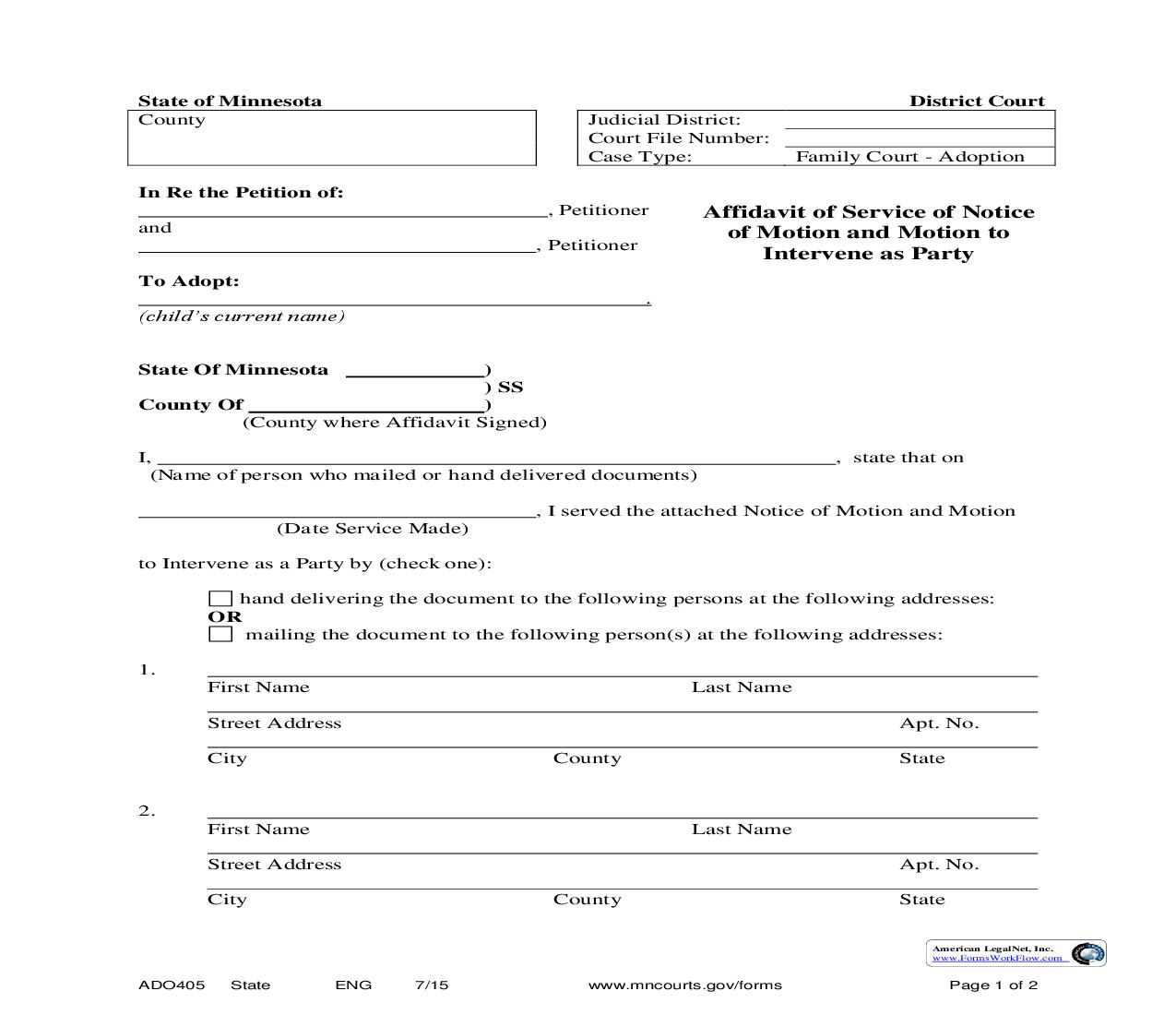 Affidavit Of Service Of Notice Of Motion And Motion To Intervene As Party {ADO-405} | Pdf Fpdf Doc Docx | Minnesota