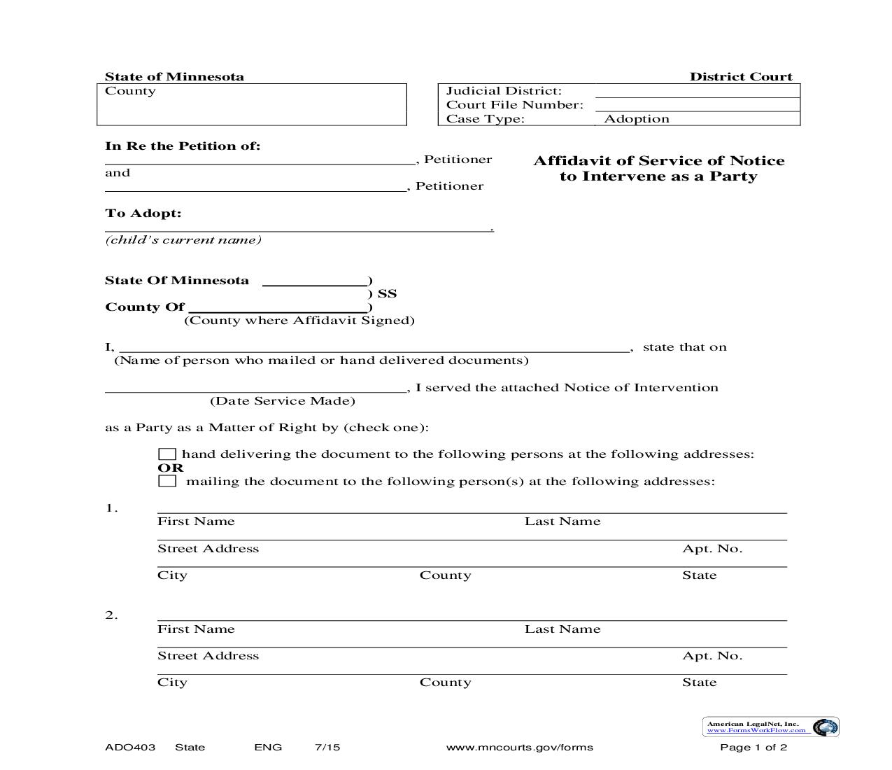 Affidavit Of Service Of Notice To Intervene As A Party {ADO-403} | Pdf Fpdf Doc Docx | Minnesota