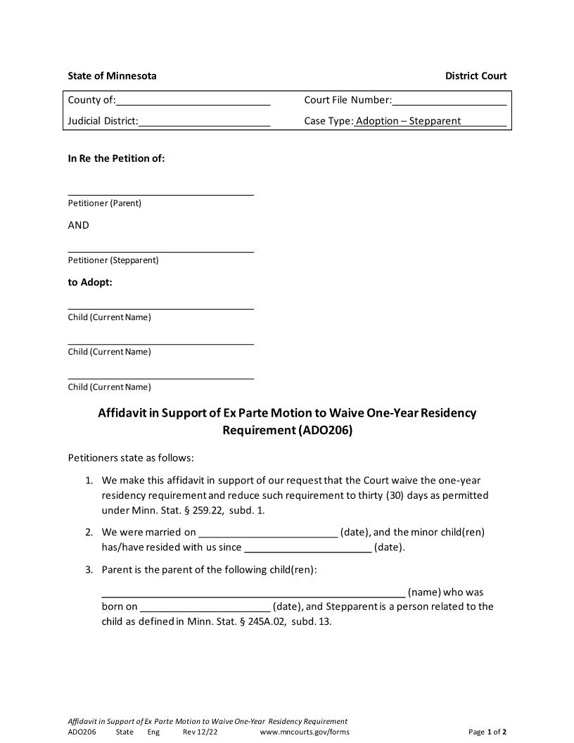 Affidavit To Waive One Year Residency Requirement {ADO-206} | Pdf Fpdf Doc Docx | Minnesota