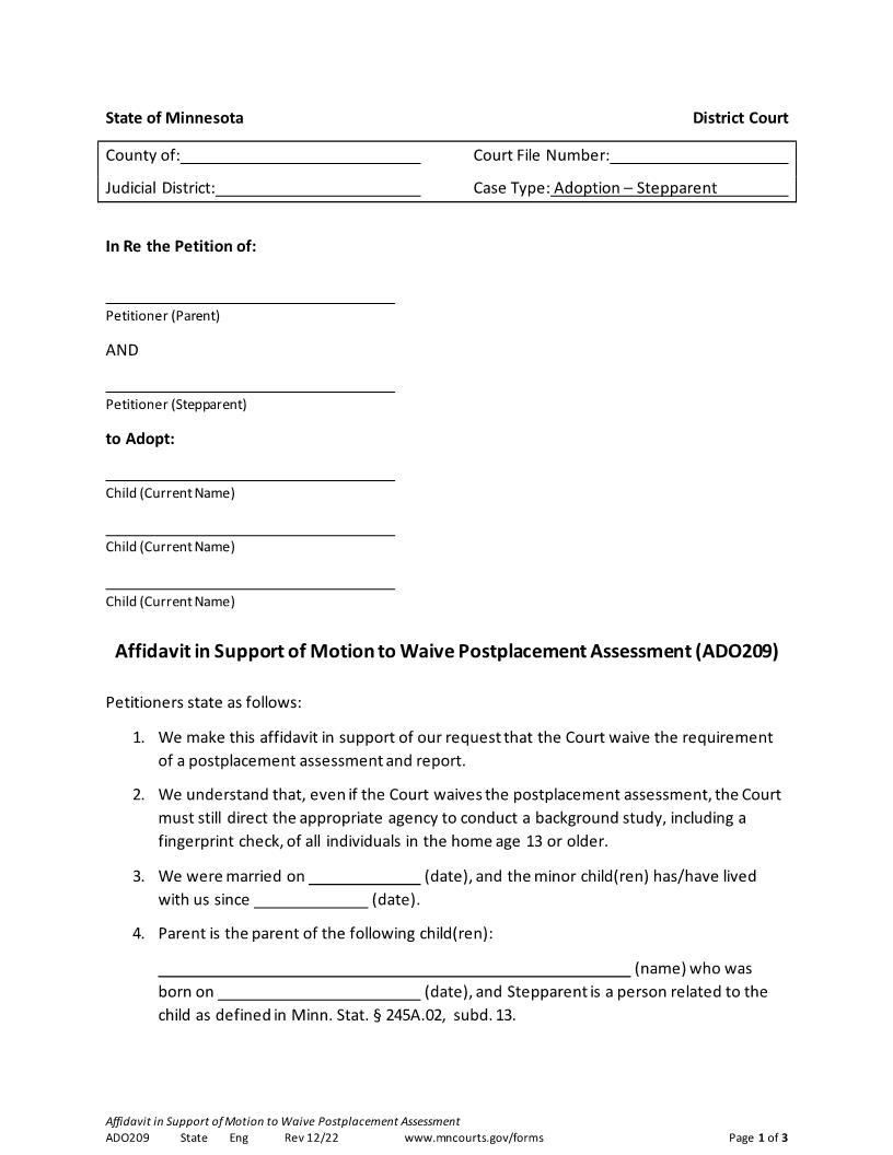 Affidavit To Waive Post Placement Assessment {ADO-209} | Pdf Fpdf Doc Docx | Minnesota