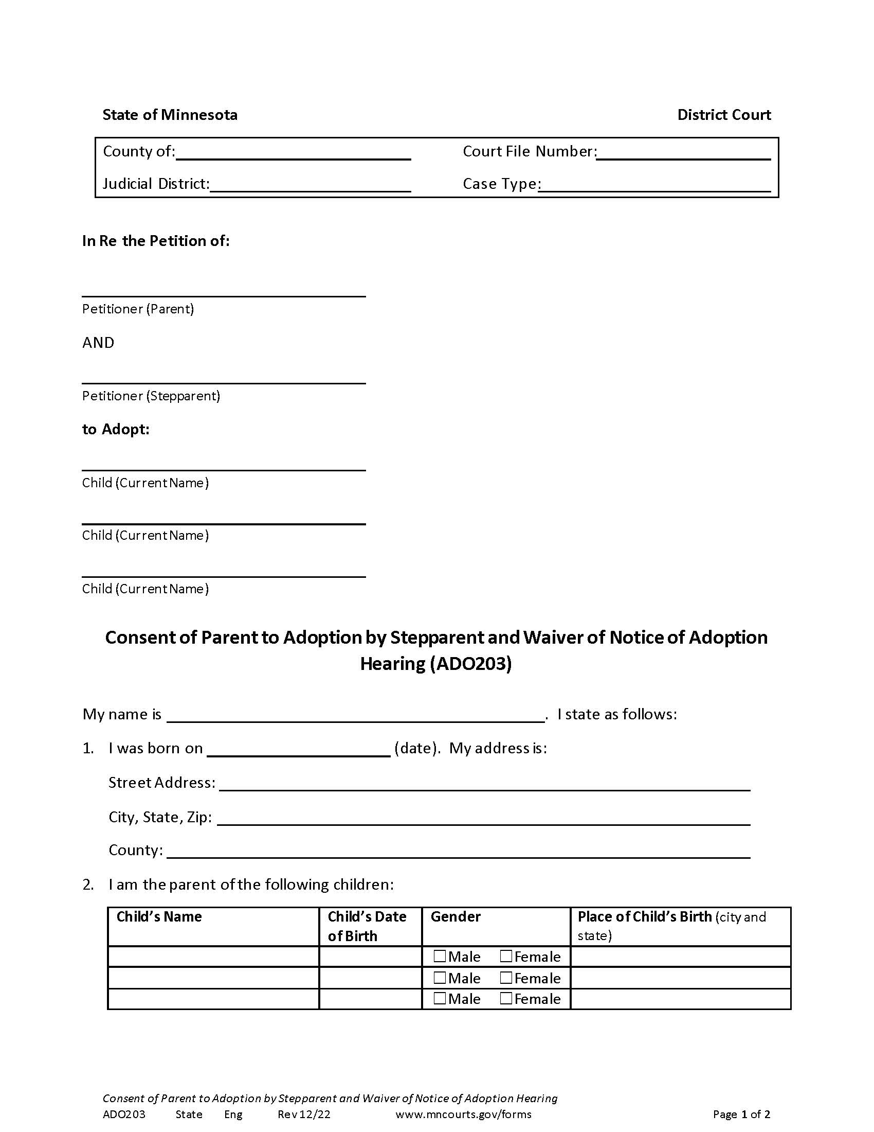 Consent Of Parent To Adoption By Stepparent And Waiver Of Notice {ADO-203} | Pdf Fpdf Doc Docx | Minnesota