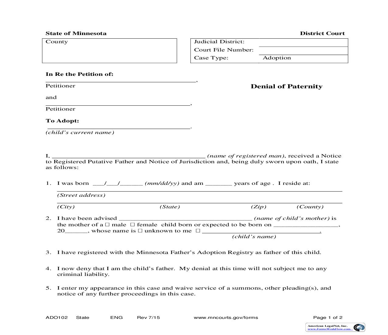 Denial Of Paternity {ADO-102} | Pdf Fpdf Doc Docx | Minnesota