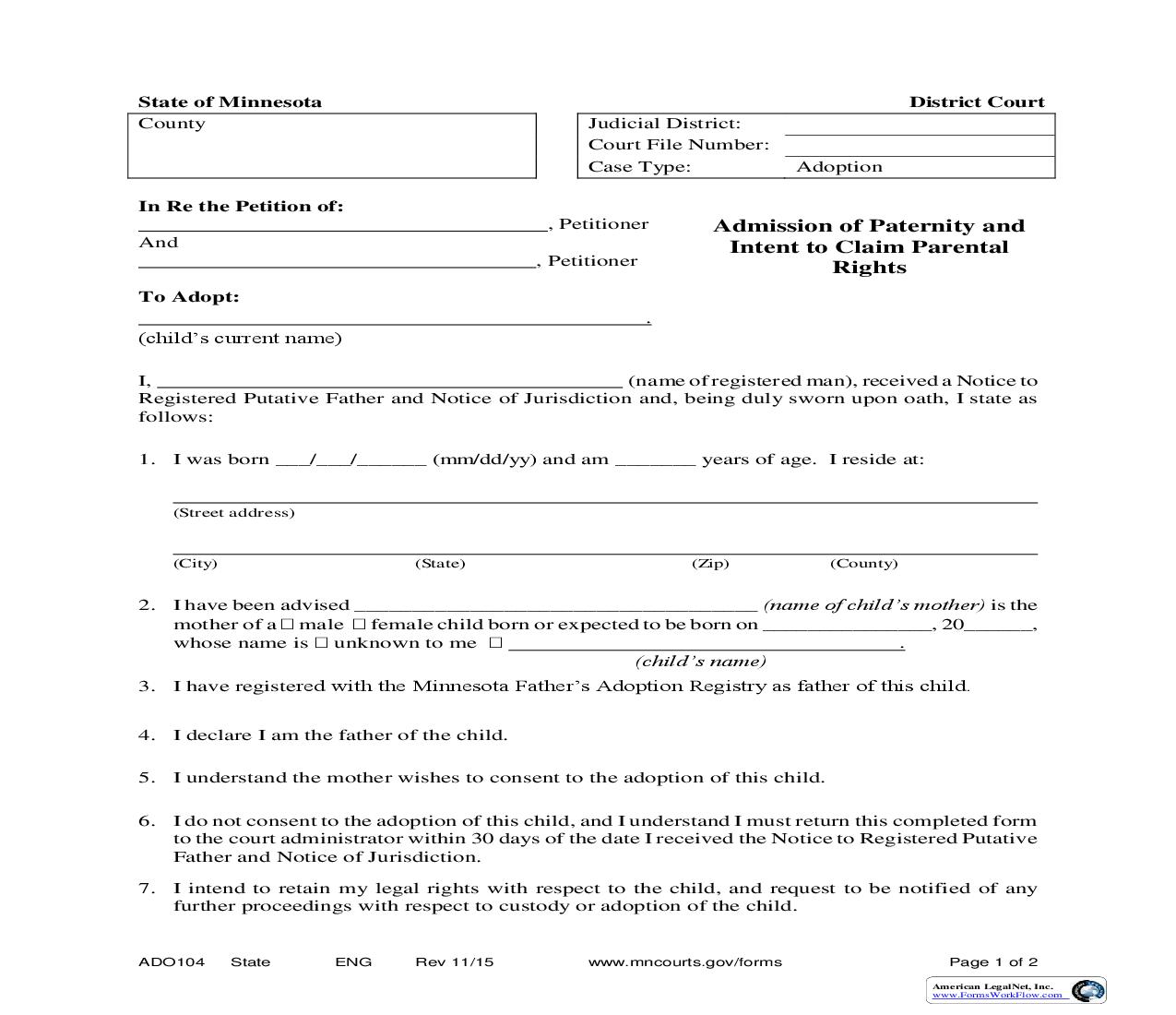 Intent To Claim Parental Rights {ADO-104} | Pdf Fpdf Doc Docx | Minnesota