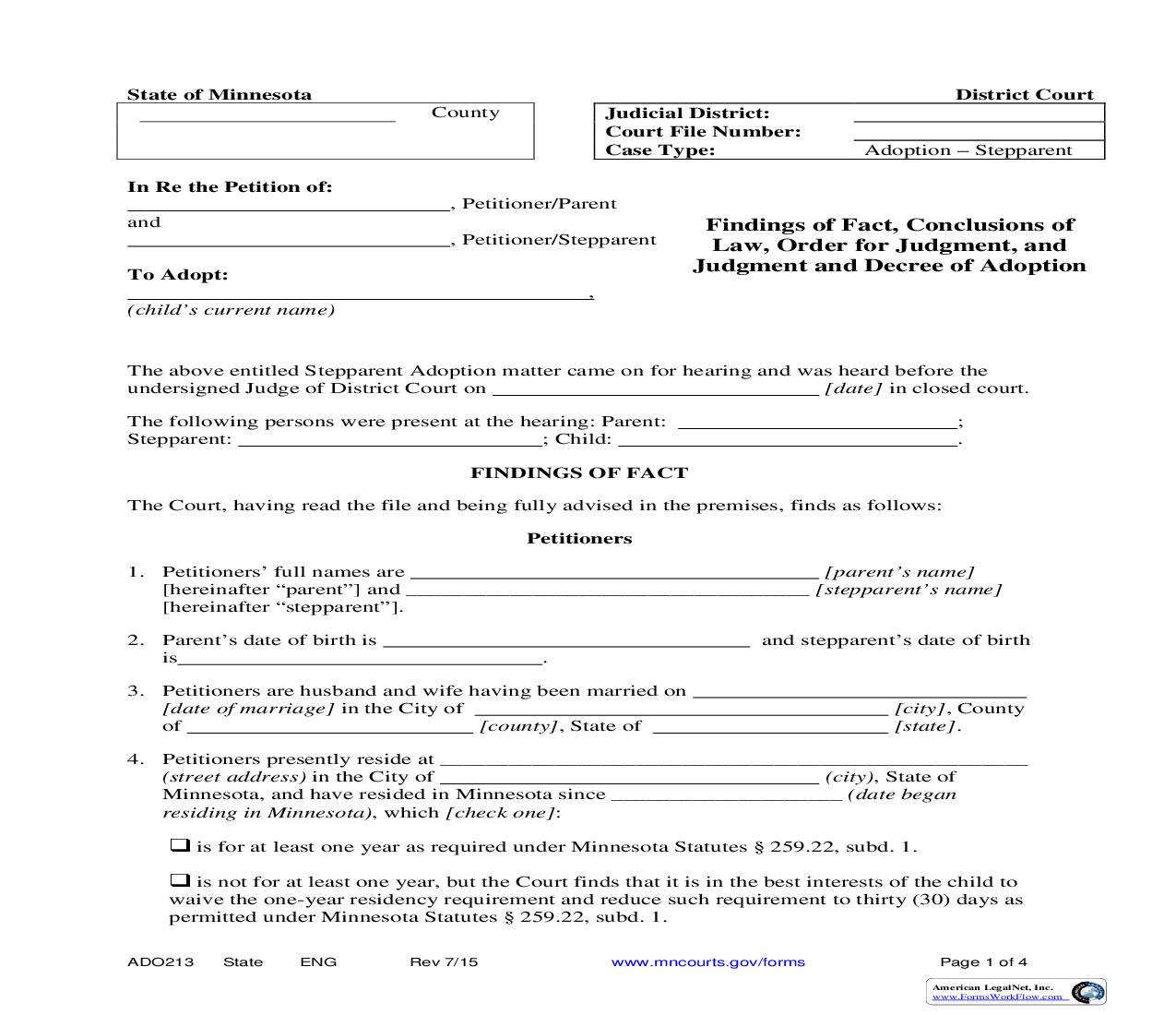 Judgment And Decree Of Adoption {ADO-213} | Pdf Fpdf Doc Docx | Minnesota