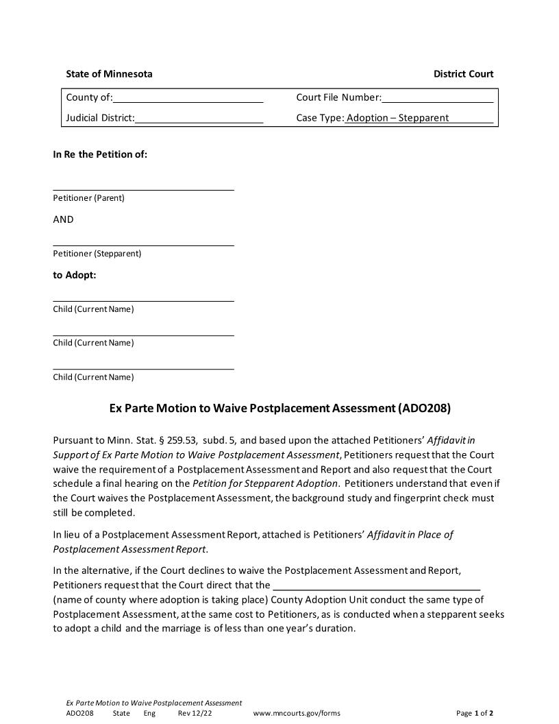 Motion To Waive Post Placement Assessment {ADO-208} | Pdf Fpdf Doc Docx | Minnesota