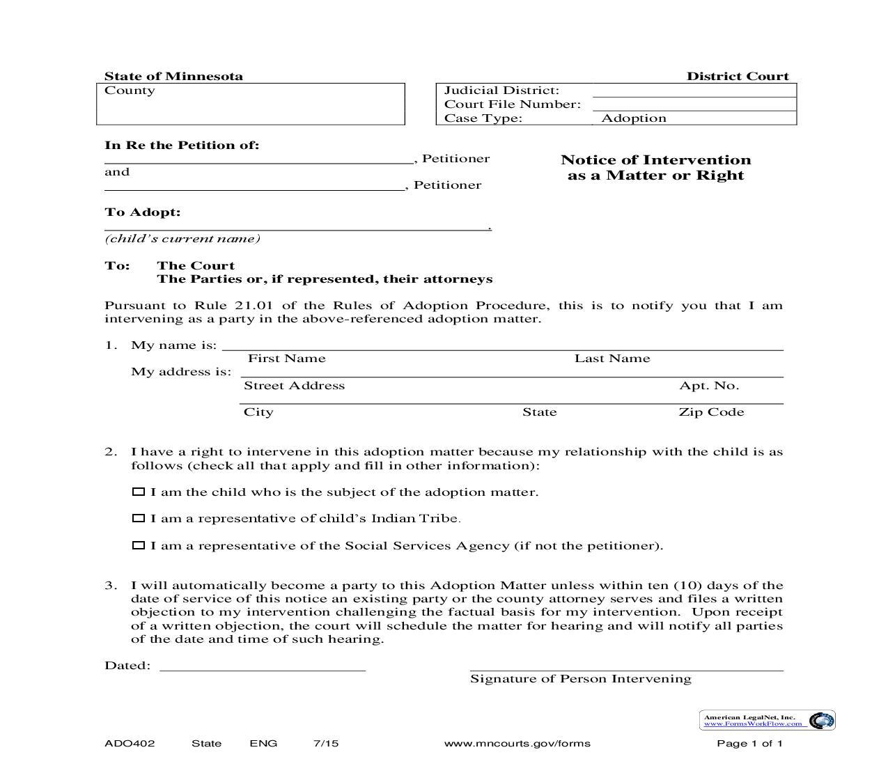 Notice Of Intervention As A Matter Or Right {ADO-402} | Pdf Fpdf Doc Docx | Minnesota