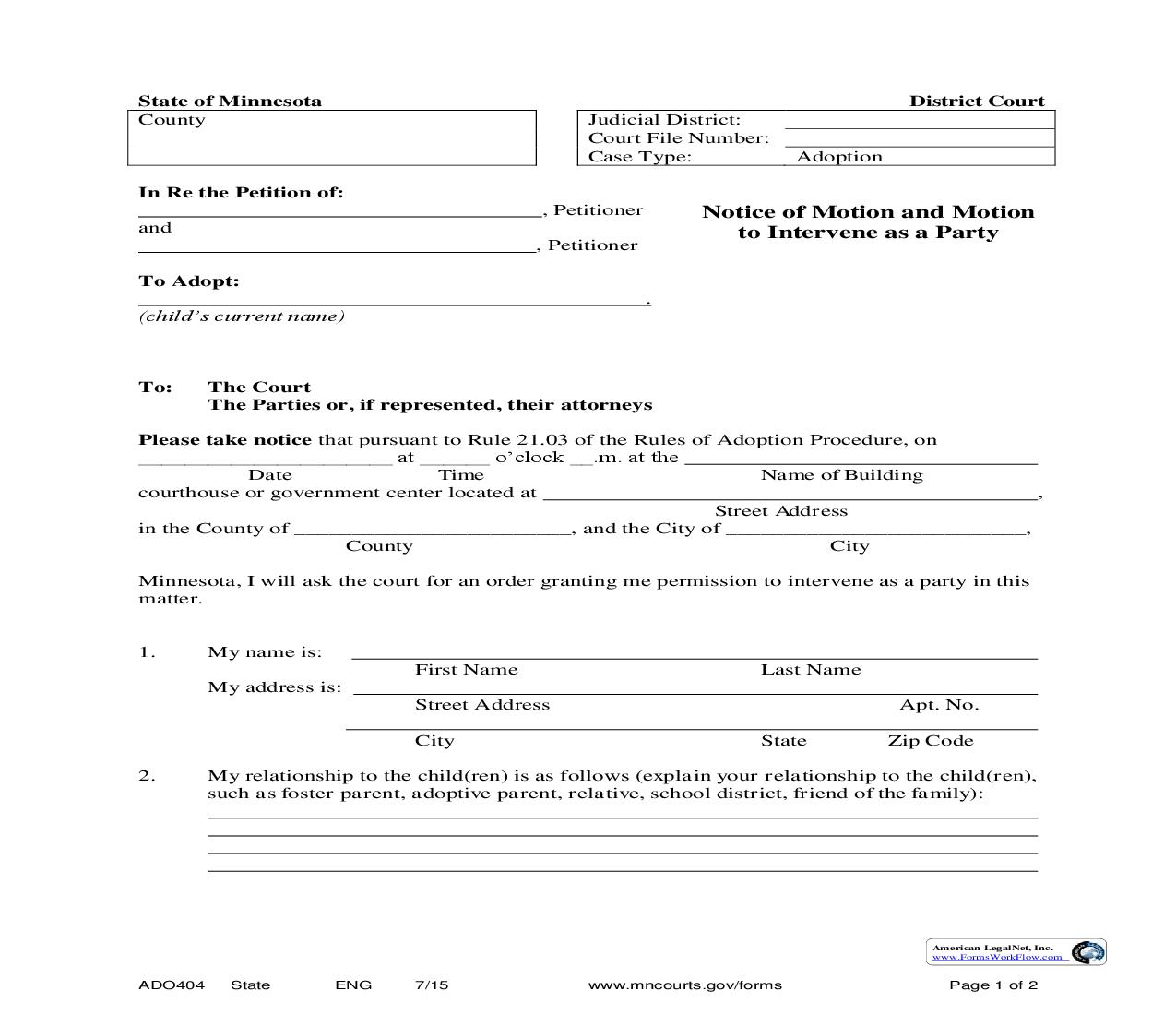 Notice Of Motion And Motion To Intervene As A Party {ADO-404} | Pdf Fpdf Doc Docx | Minnesota