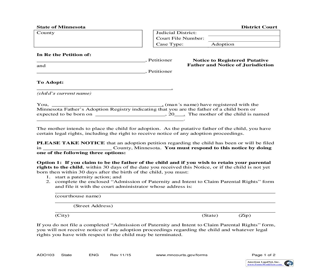 Notice To Registered Putative Father And Notice Of Jurisdiction {ADO-103} | Pdf Fpdf Doc Docx | Minnesota