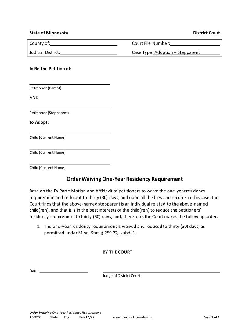 Order Waiving One Year Residency Requirement {ADO-207} | Pdf Fpdf Doc Docx | Minnesota