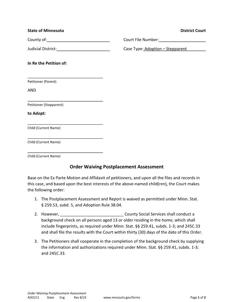 Order Waiving Post Placement Assessment {ADO-211} | Pdf Fpdf Doc Docx | Minnesota
