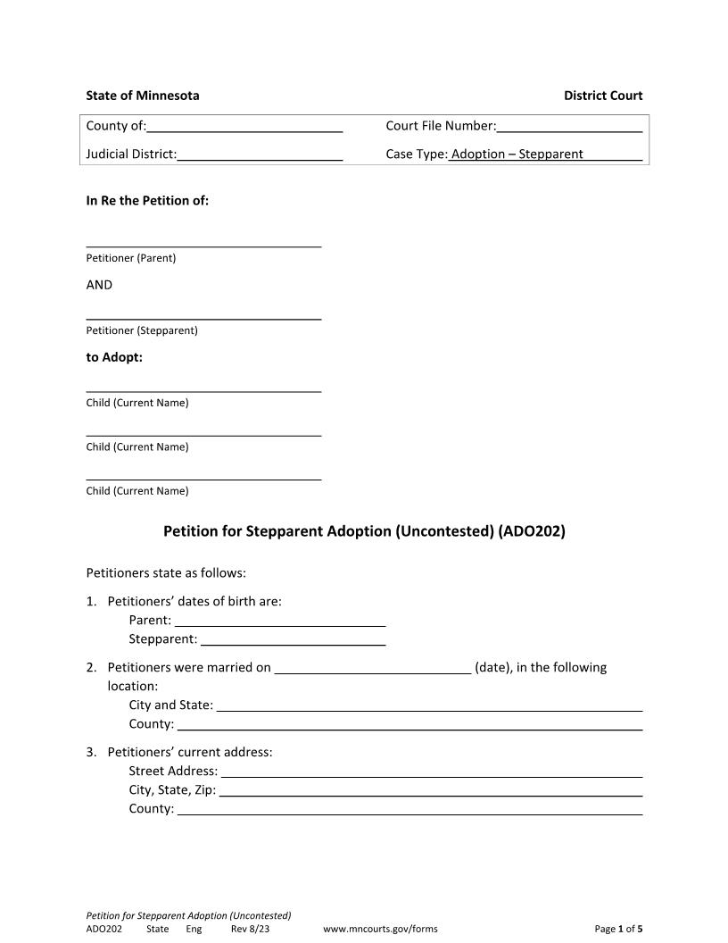 Petition For Stepparent Adoption Uncontested {ADO-202} | Pdf Fpdf Doc Docx | Minnesota