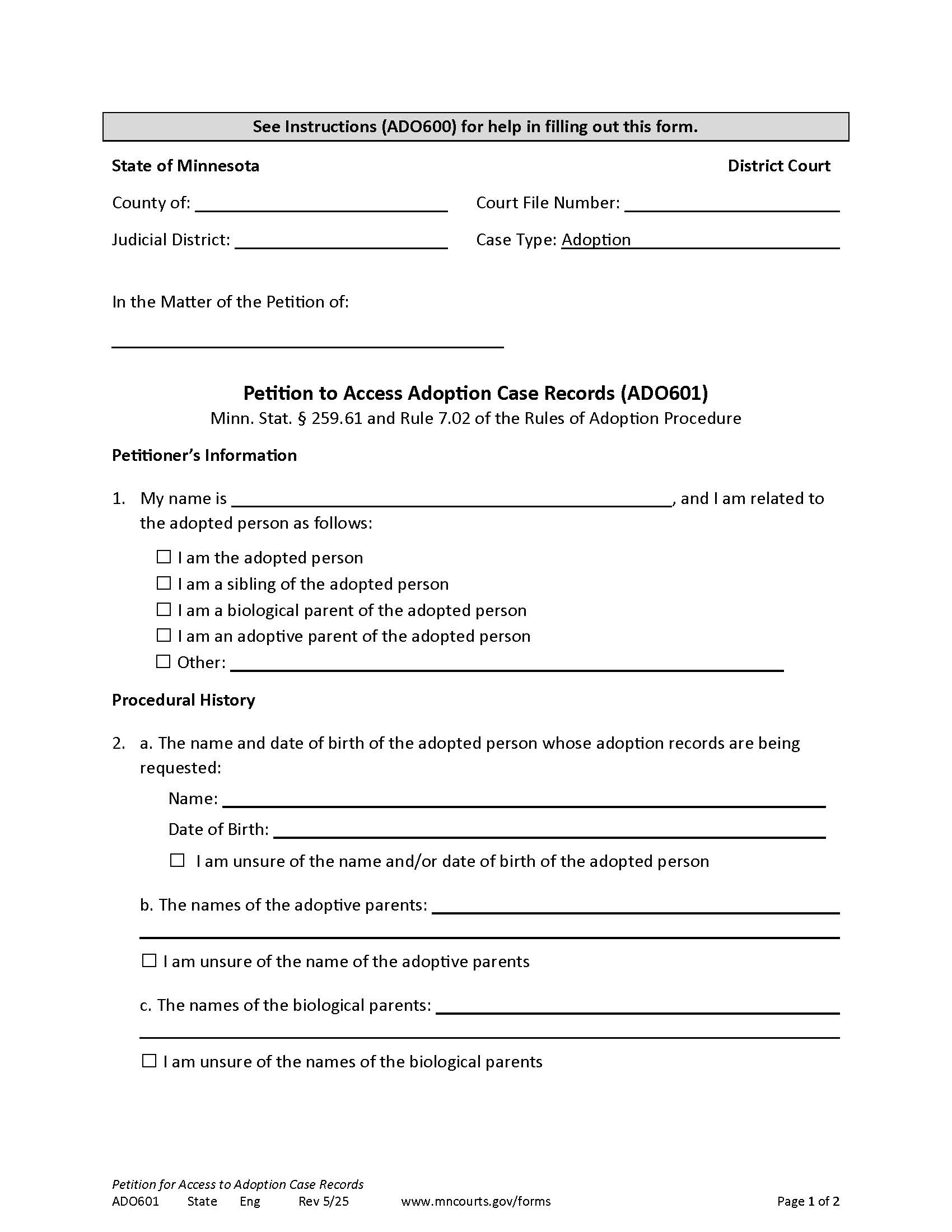 Petition To Access Adoption Case Records {ADO-601} | Pdf Fpdf Docx | Minnesota