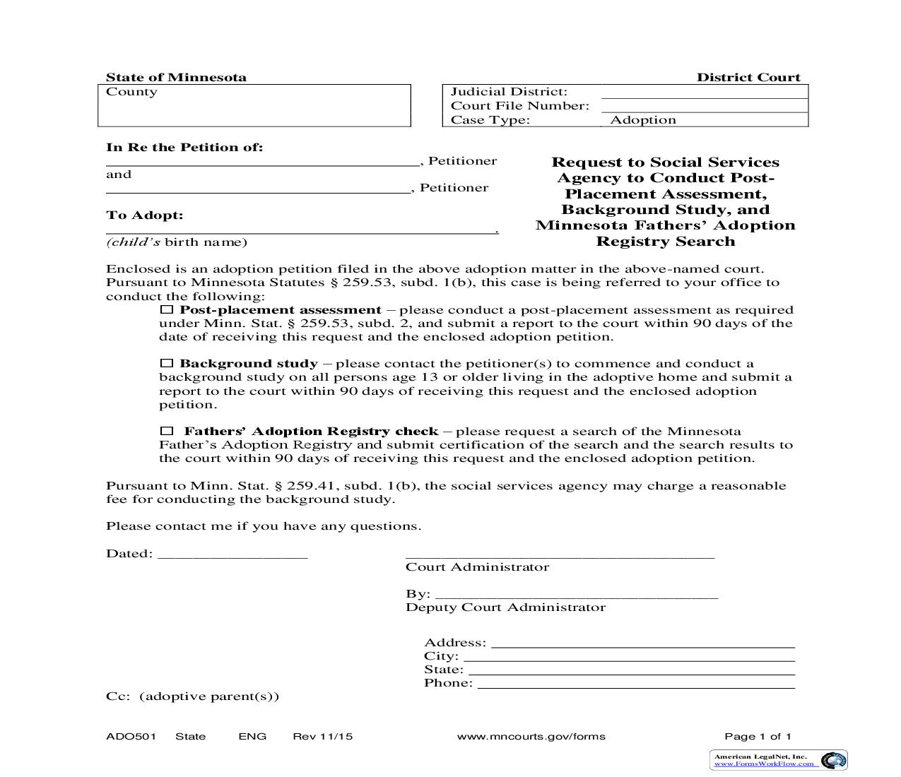 Request To Social Services Agency To Conduct Post-Placement Assessment {ADO-501} | Pdf Fpdf Doc Docx | Minnesota