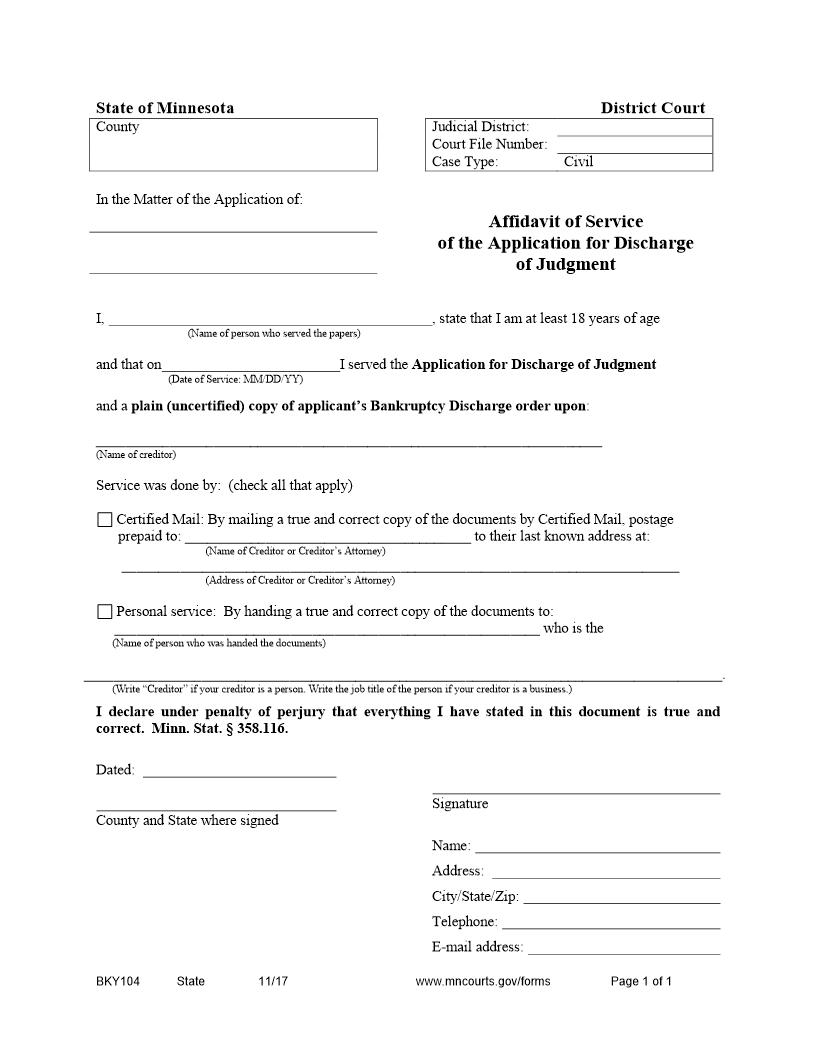 Affidavit Of Service Of The Application For Discharge Of Judgment | Pdf Fpdf Docx | Minnesota
