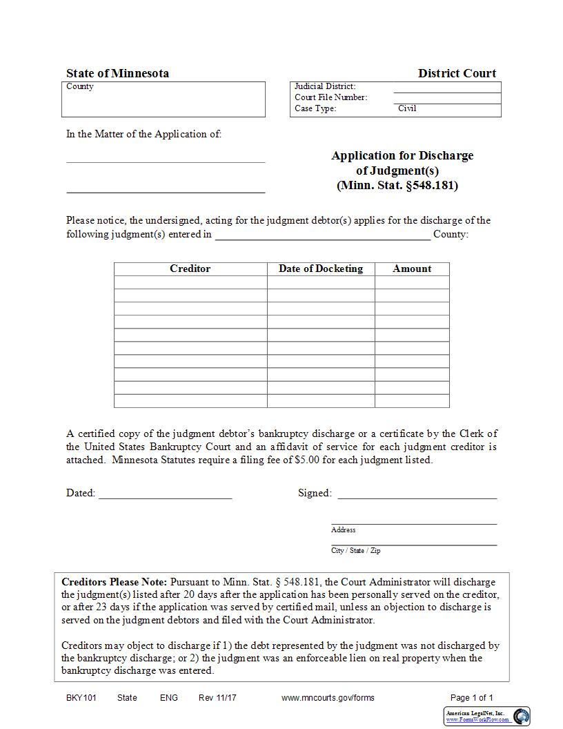 Application For Discharge Of Judgments {BKY-101} | Pdf Fpdf Docx | Minnesota