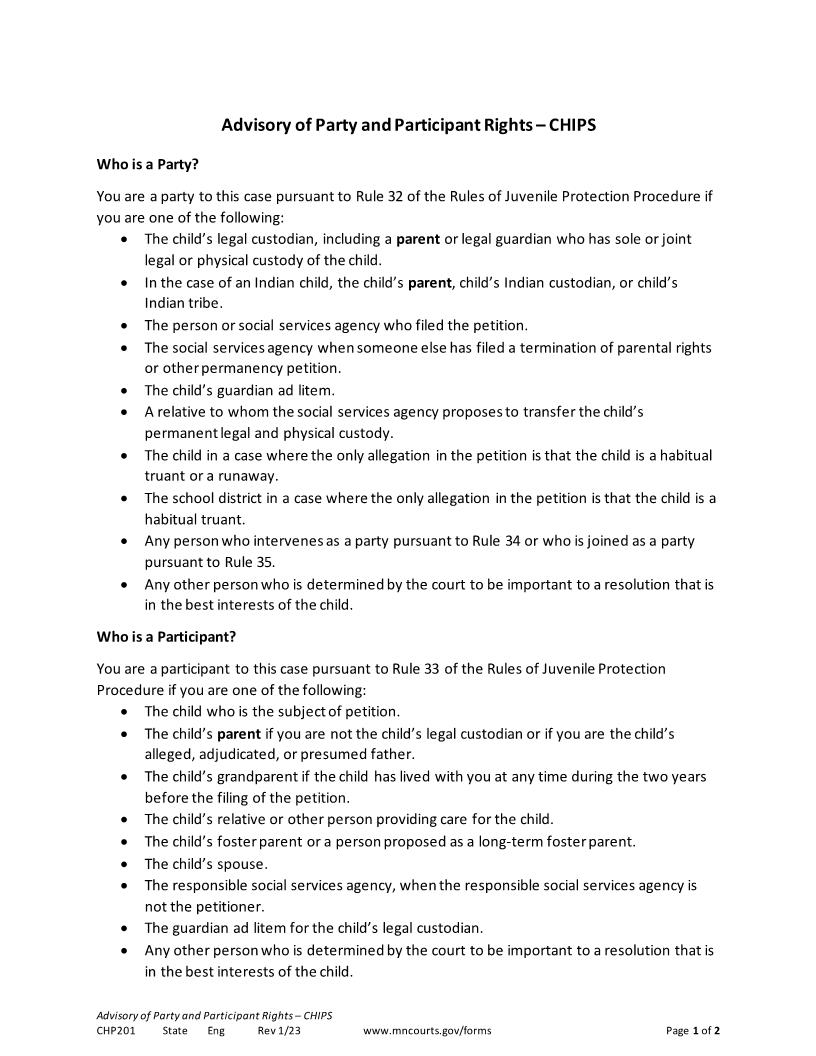 Advisory Of Party And Participant Rights {CHP-201} | Pdf Fpdf Doc Docx | Minnesota