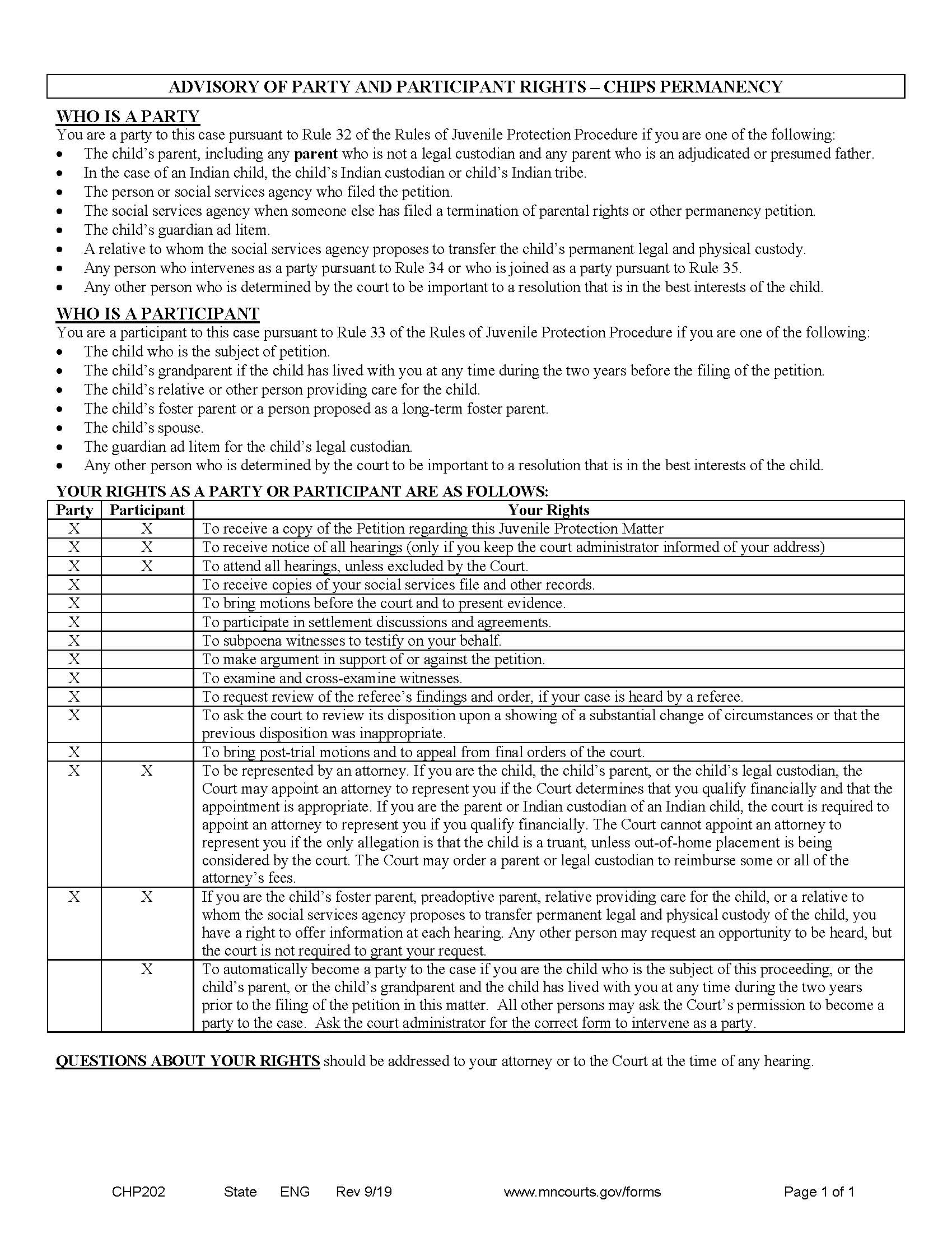Advisory Of Party And Participant Rights {CHP-202} | Pdf Fpdf Doc Docx | Minnesota